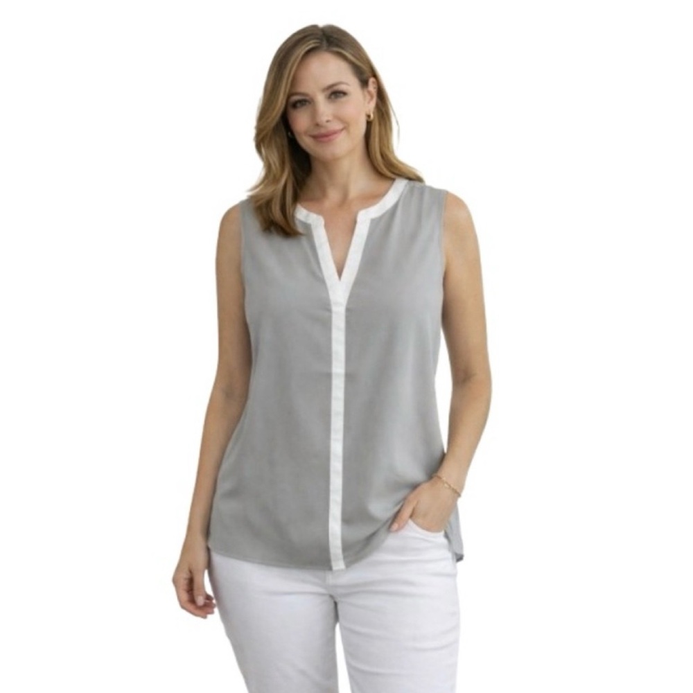 🆕 Calvin Klein CK Women's Splitneck Piped Woven Sleeveless Blouse Top XL
